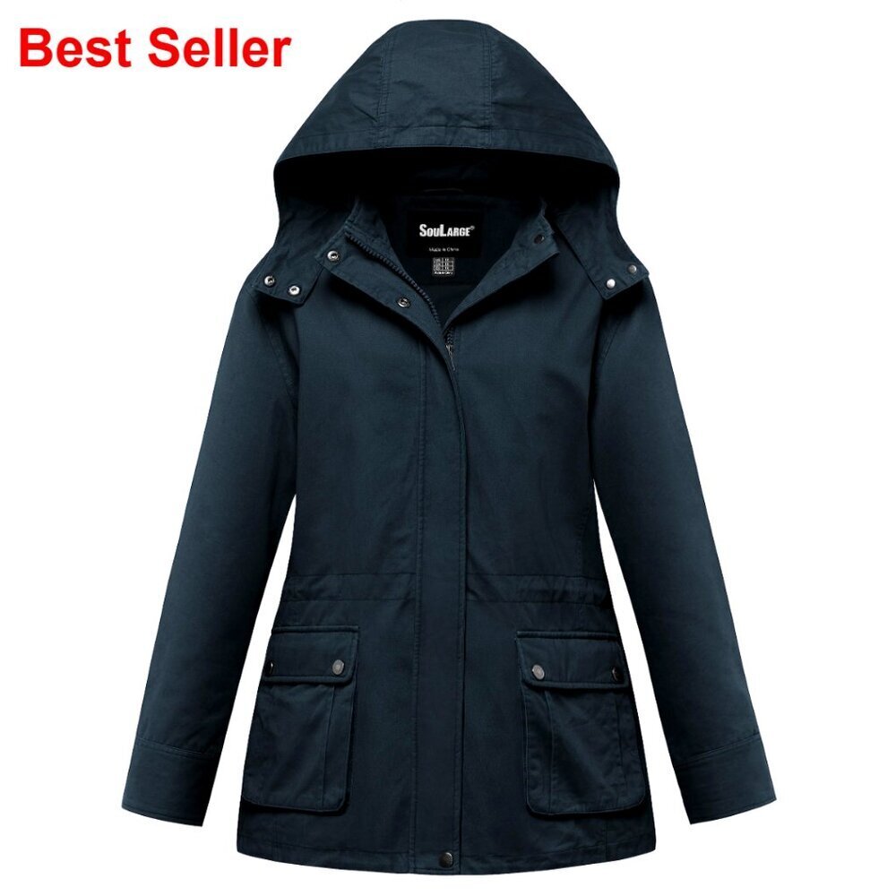 Plus Size Military Cotton Jacket with Detachable Hood, Cozy Warm